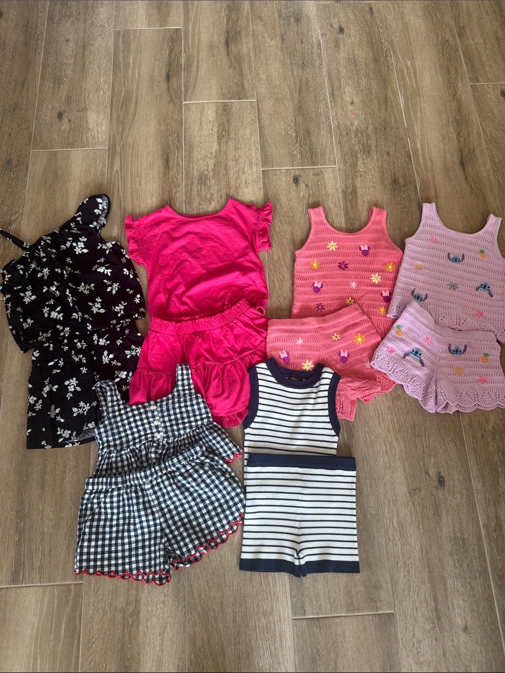 Girls' Mixed Summer Tops & Shorts Set - Pink, Black/White, Light Pink, Coral